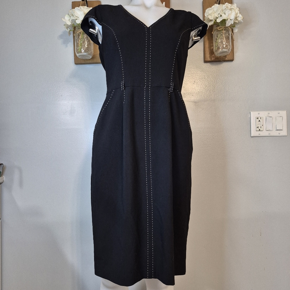 Evan Picone V-Neck Cap Sleeve Stitch Detail Midi Dress